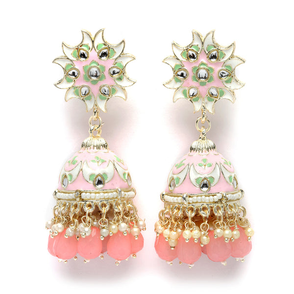 Gold-Plated Pink & White Kundan-Pearls studded Crescent Shaped Hand Painted Jhumka Earrings