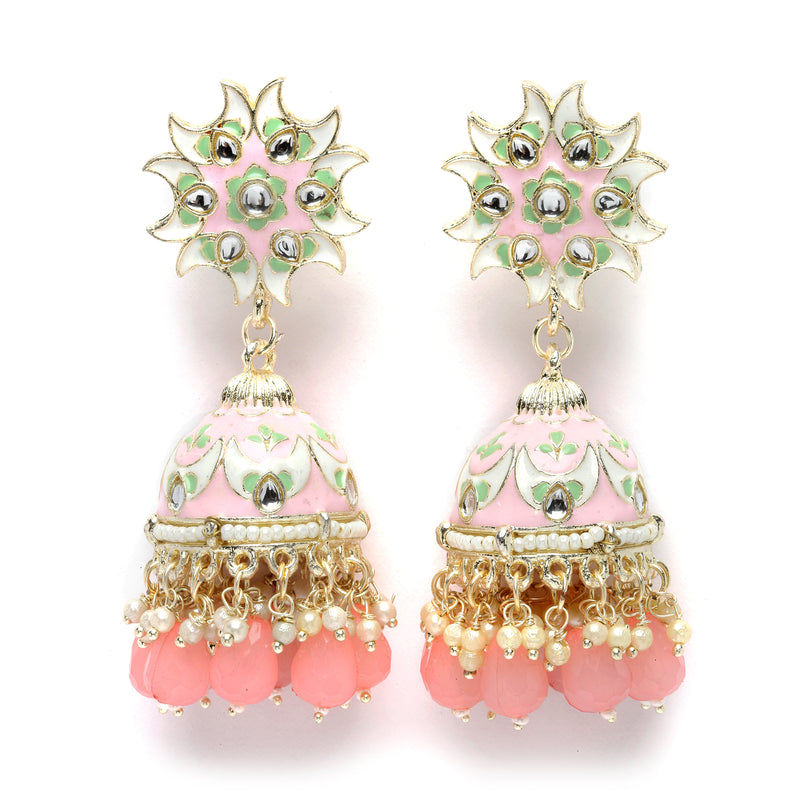 Gold-Plated Pink & White Kundan-Pearls studded Crescent Shaped Hand Painted Jhumka Earrings