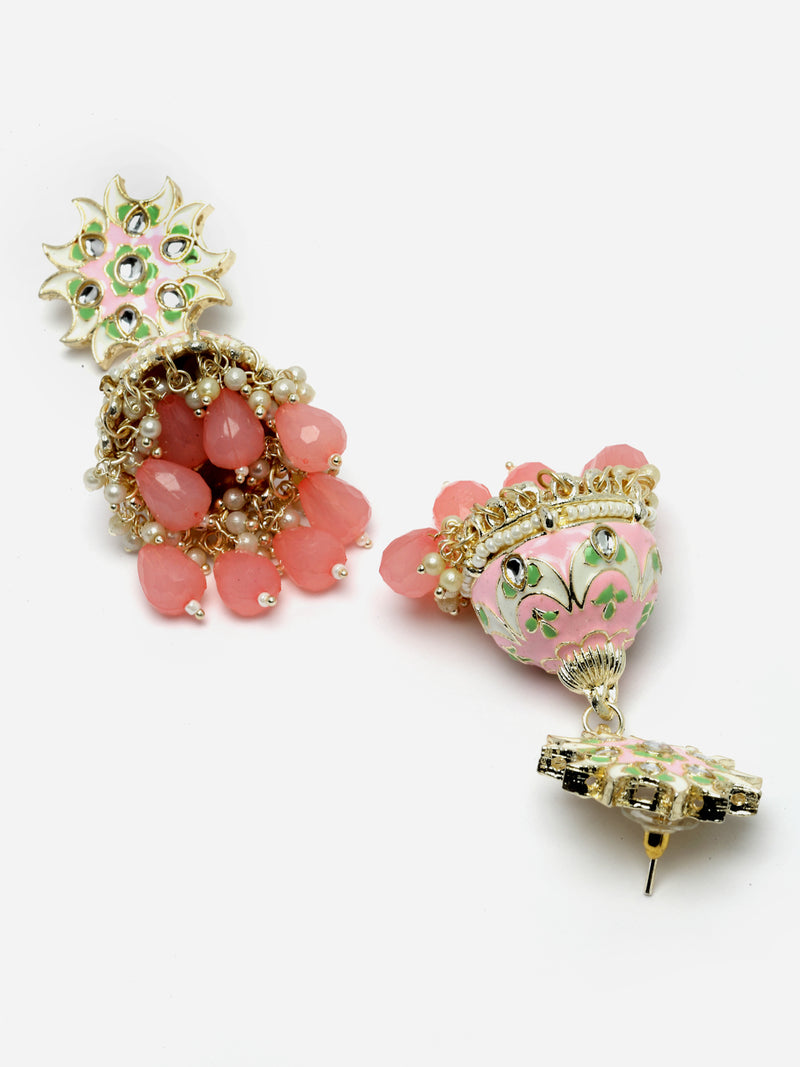 Gold-Plated Pink & White Kundan-Pearls studded Crescent Shaped Hand Painted Jhumka Earrings