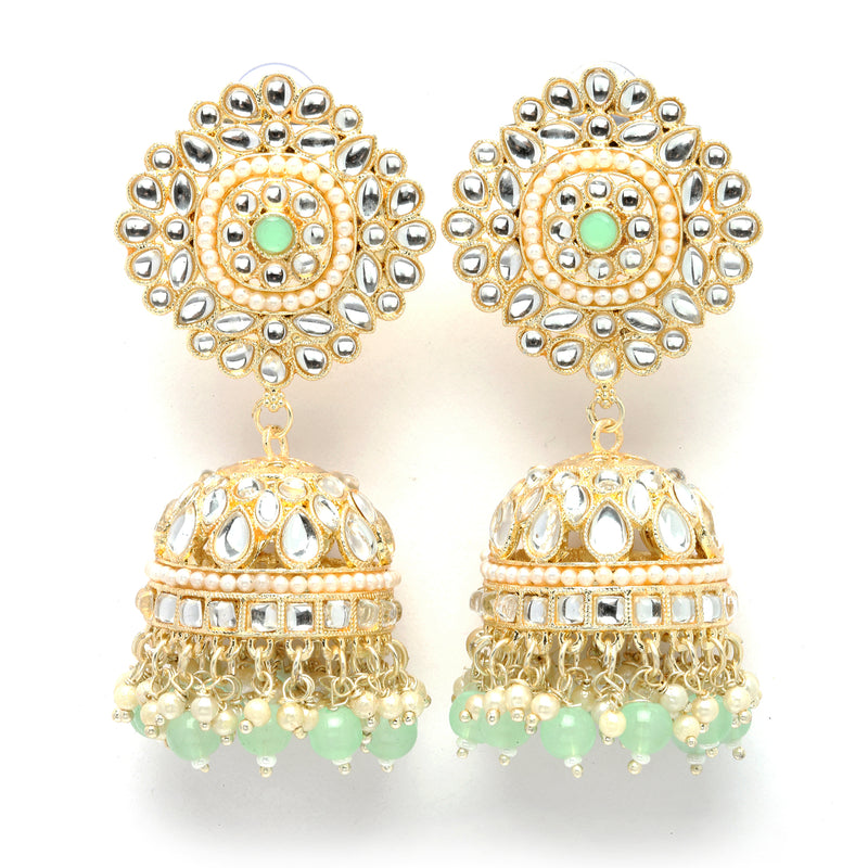 Gold-Plated Sea Green & White Kundan-Pearls studded Vilandi Jhumka Earrings