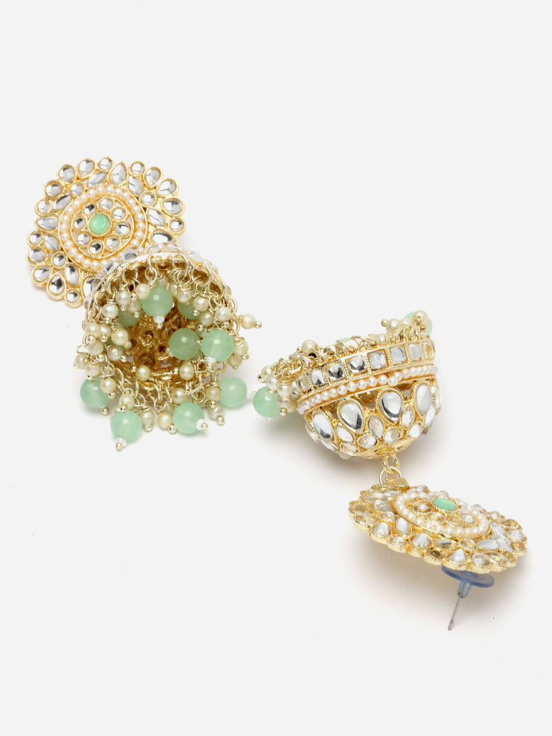 Gold-Plated Sea Green & White Kundan-Pearls studded Vilandi Jhumka Earrings