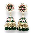 Gold-Plated Green & White Kundan-Pearls studded Crescent Shaped Hand Painted Jhumka Earrings