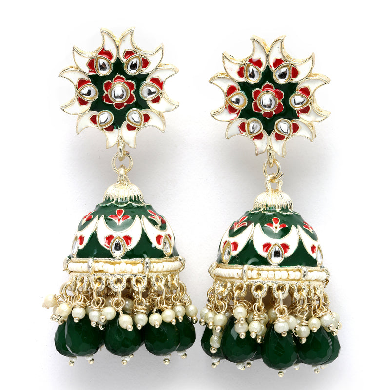 Gold-Plated Green & White Kundan-Pearls studded Crescent Shaped Hand Painted Jhumka Earrings