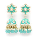 Gold-Plated Sky Blue & White Kundan-Pearls studded Star Shaped Enamelled Jhumka Earrings