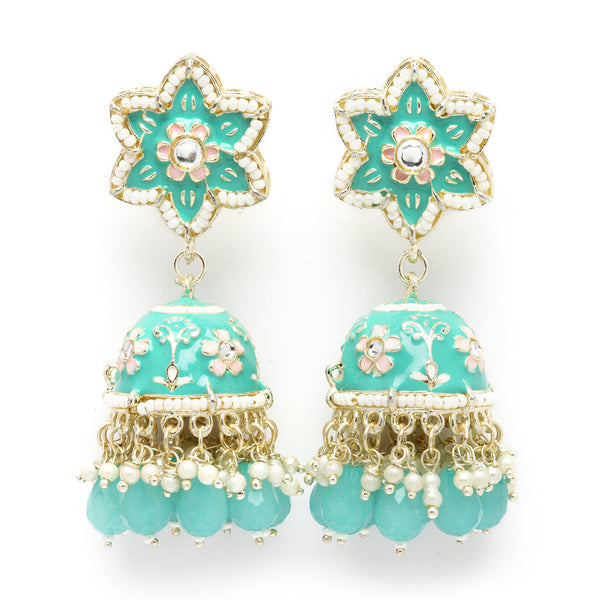 Gold-Plated Sky Blue & White Kundan-Pearls studded Star Shaped Enamelled Jhumka Earrings