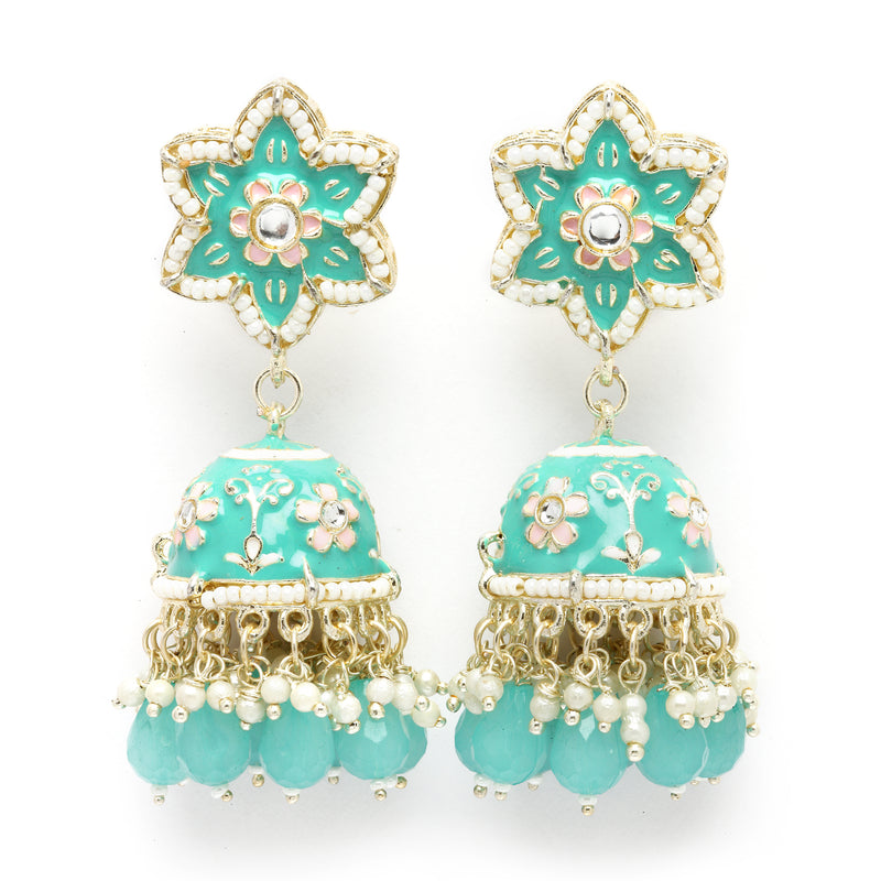 Gold-Plated Sky Blue & White Kundan-Pearls studded Star Shaped Enamelled Jhumka Earrings