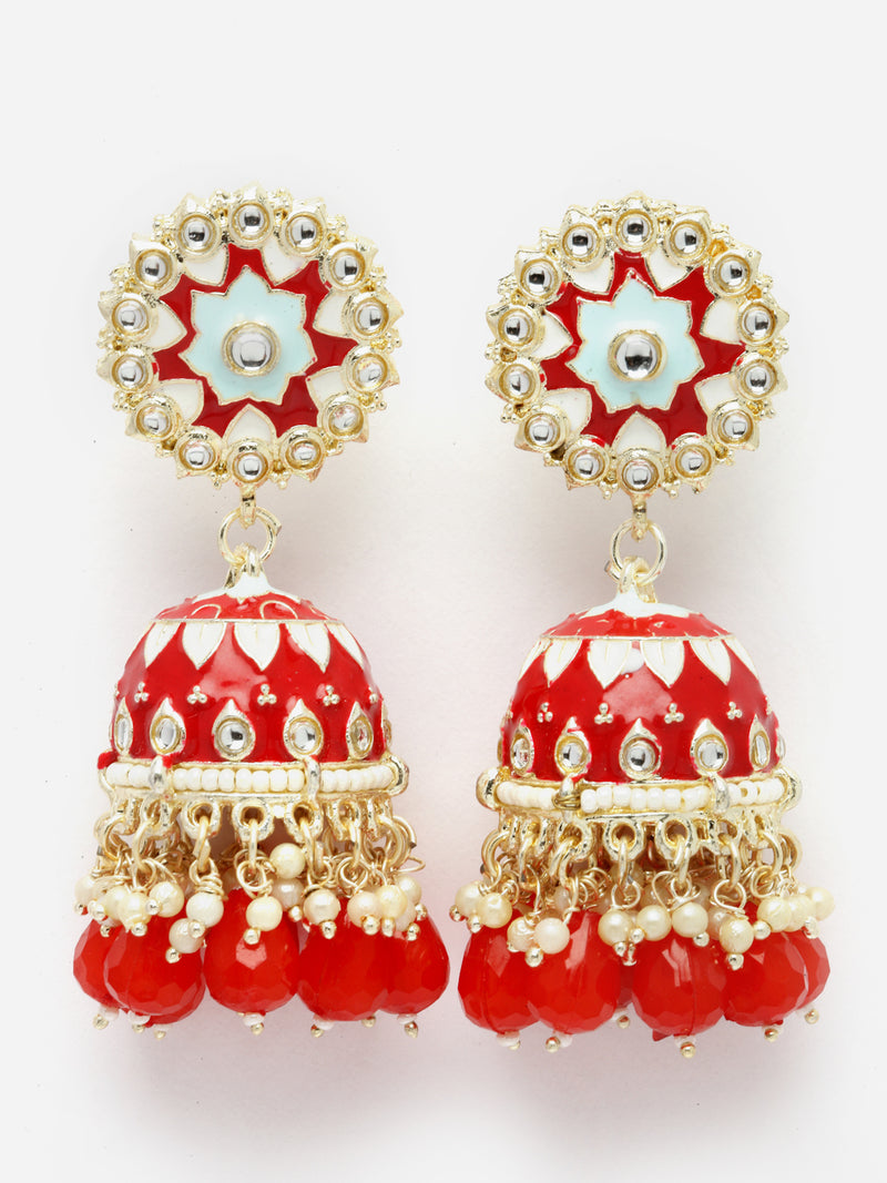 Gold-Plated Red Kundan & White Pearls studded Dome Shaped Handcrafted Jhumka Earrings