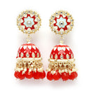 Gold-Plated Red Kundan & White Pearls studded Dome Shaped Handcrafted Jhumka Earrings