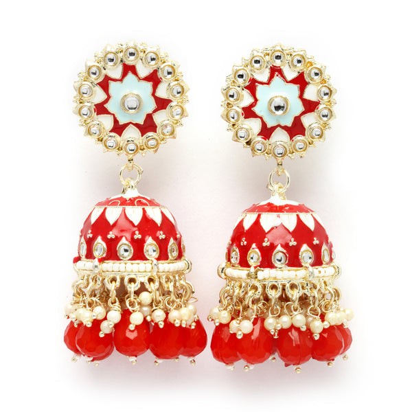 Gold-Plated Red Kundan & White Pearls studded Dome Shaped Handcrafted Jhumka Earrings