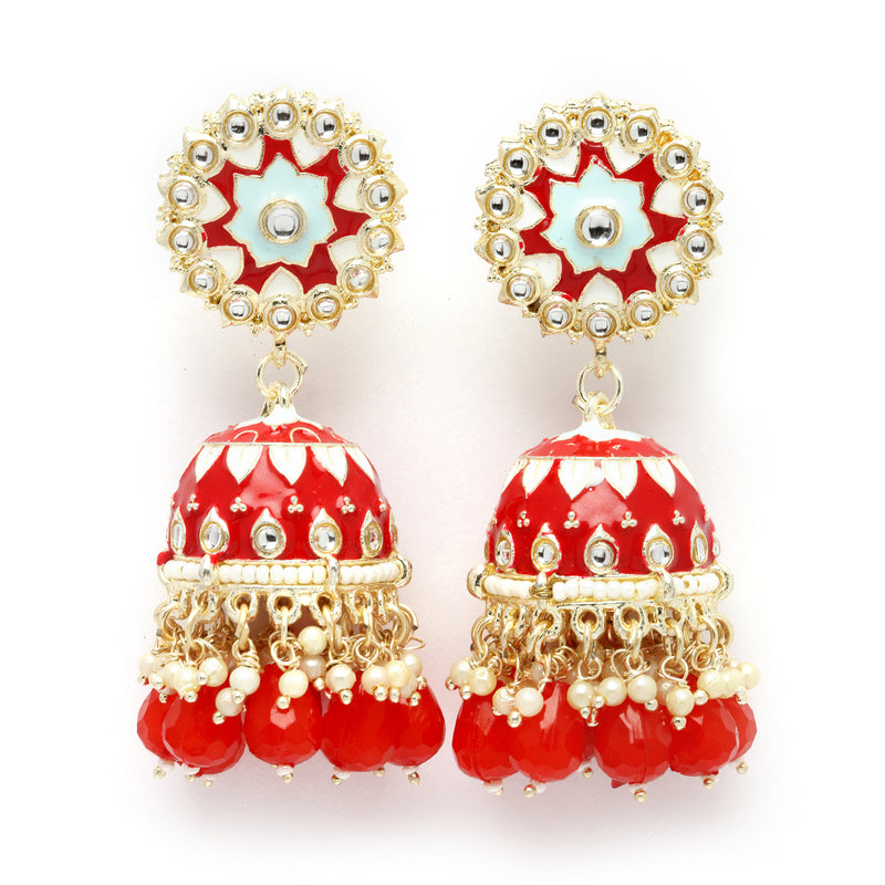 Gold-Plated Red Kundan & White Pearls studded Dome Shaped Handcrafted Jhumka Earrings