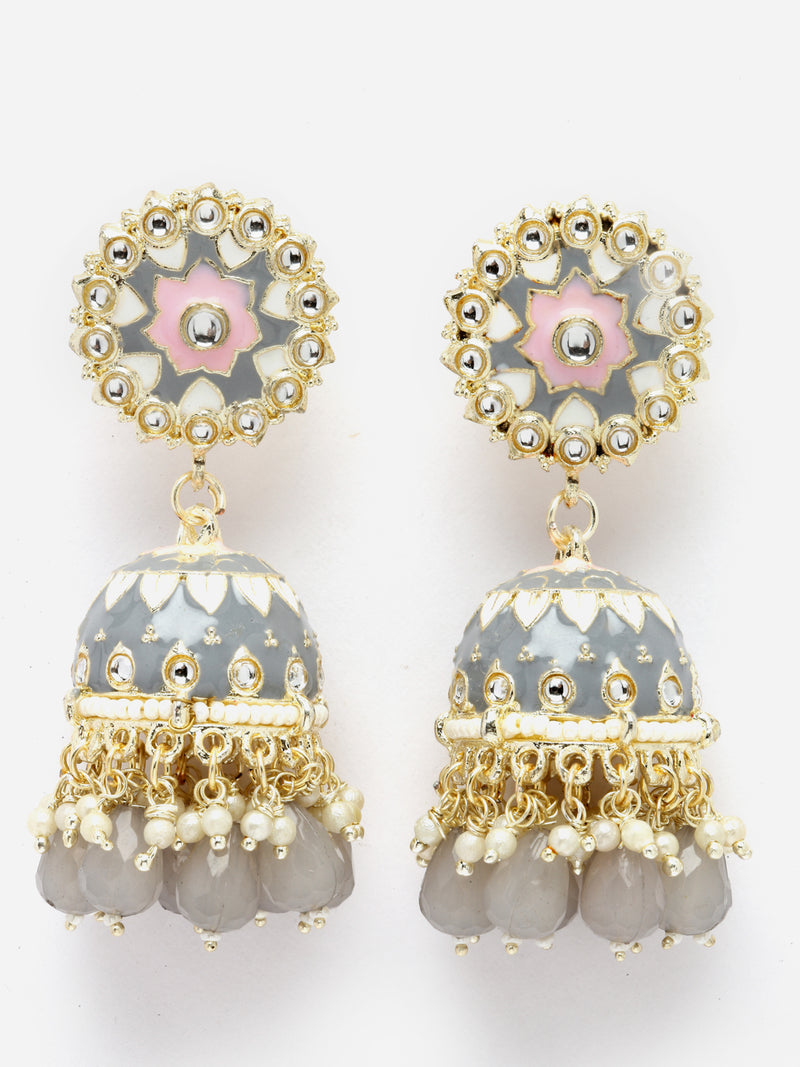 Gold-Plated Grey Kundan & White Pearls studded Dome Shaped Handcrafted Jhumka Earrings