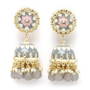 Gold-Plated Grey Kundan & White Pearls studded Dome Shaped Handcrafted Jhumka Earrings