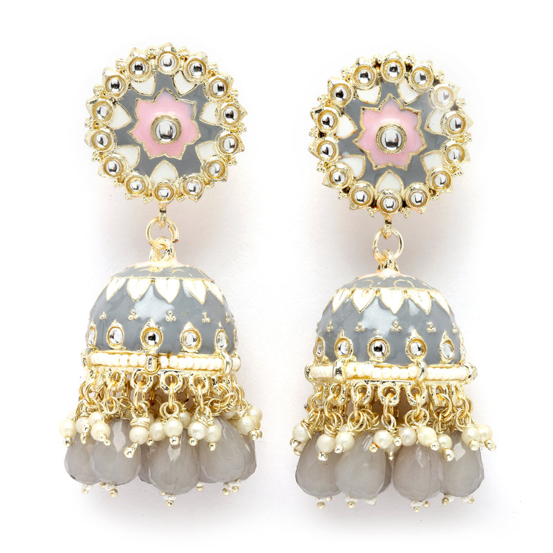 Gold-Plated Grey Kundan & White Pearls studded Dome Shaped Handcrafted Jhumka Earrings