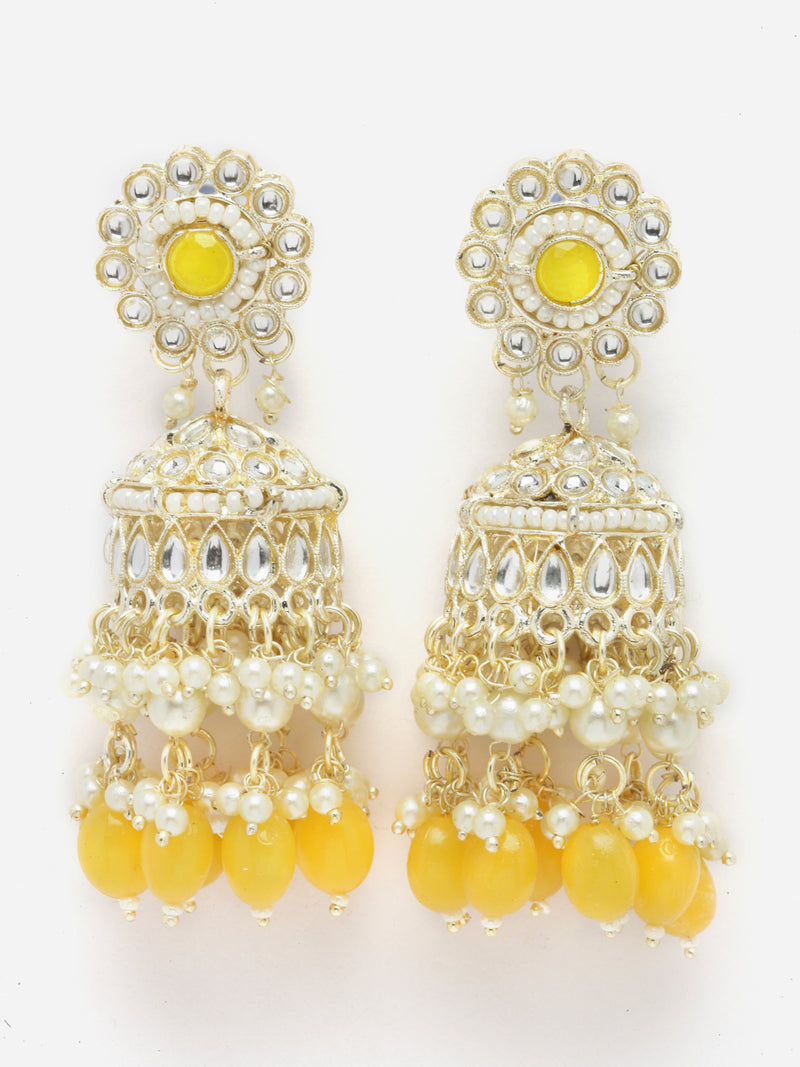 Gold-Plated Yellow Kundan & White Pearls studded Dome Shaped Vilandi Jhumka Earrings