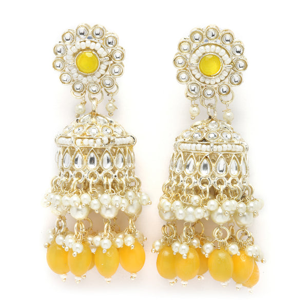 Gold-Plated Yellow Kundan & White Pearls studded Dome Shaped Vilandi Jhumka Earrings