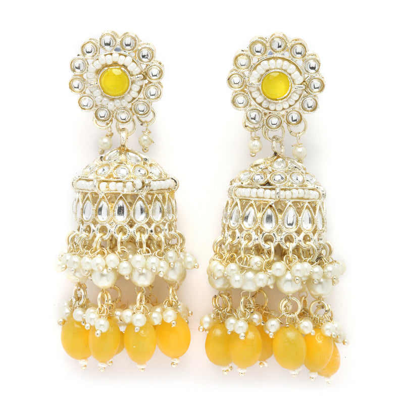 Gold-Plated Yellow Kundan & White Pearls studded Dome Shaped Vilandi Jhumka Earrings