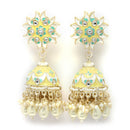 Gold-Plated White Kundan-Pearls studded Crescent Shaped Hand Painted Jhumka Earrings