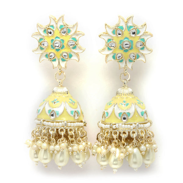 Gold-Plated White Kundan-Pearls studded Crescent Shaped Hand Painted Jhumka Earrings