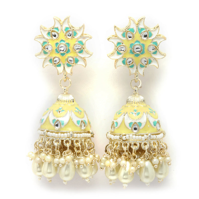 Gold-Plated White Kundan-Pearls studded Crescent Shaped Hand Painted Jhumka Earrings
