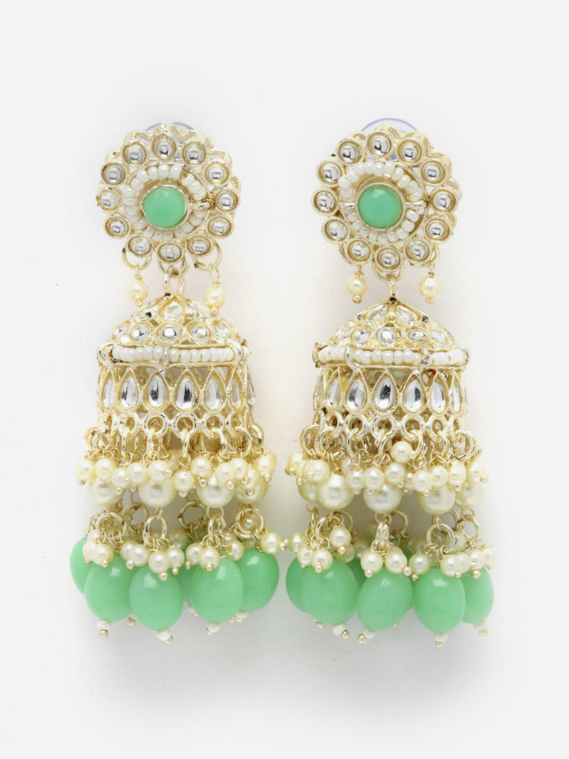 Gold-Plated Sea Green Kundan & White Pearls studded Dome Shaped Vilandi Jhumka Earrings