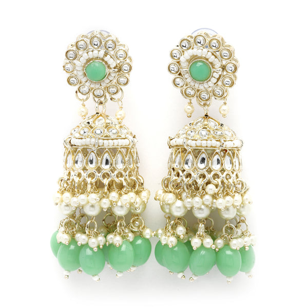 Gold-Plated Sea Green Kundan & White Pearls studded Dome Shaped Vilandi Jhumka Earrings