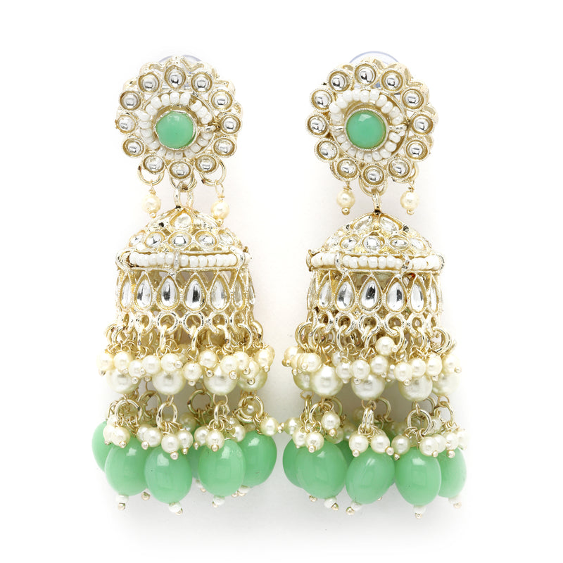 Gold-Plated Sea Green Kundan & White Pearls studded Dome Shaped Vilandi Jhumka Earrings