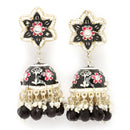 Gold-Plated Black & White Kundan-Pearls studded Star Shaped Enamelled Jhumka Earrings