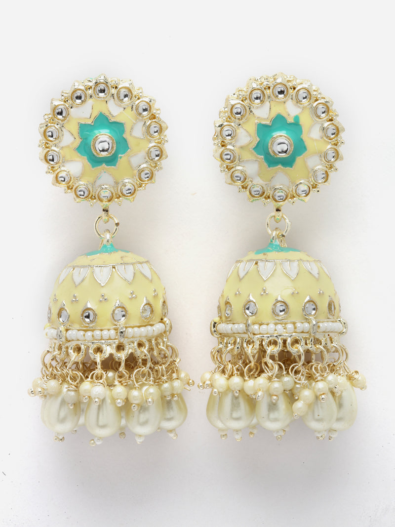 Gold-Plated Cream Kundan & White Pearls studded Dome Shaped Handcrafted Jhumka Earrings
