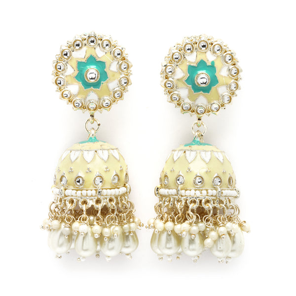 Gold-Plated Cream Kundan & White Pearls studded Dome Shaped Handcrafted Jhumka Earrings
