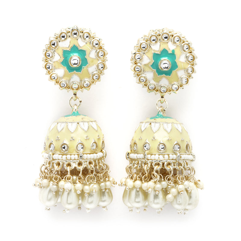 Gold-Plated Cream Kundan & White Pearls studded Dome Shaped Handcrafted Jhumka Earrings