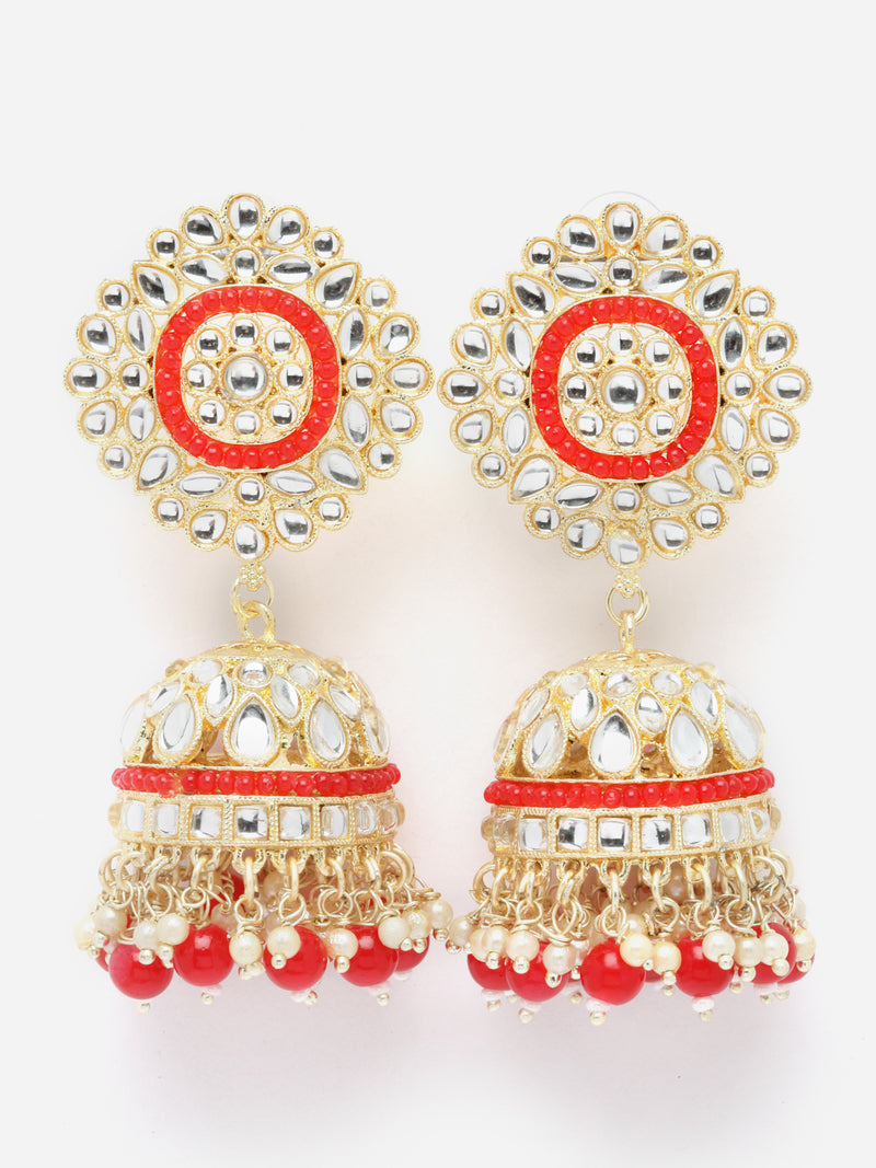Gold-Plated Red & White Kundan-Pearls studded Vilandi Jhumka Earrings