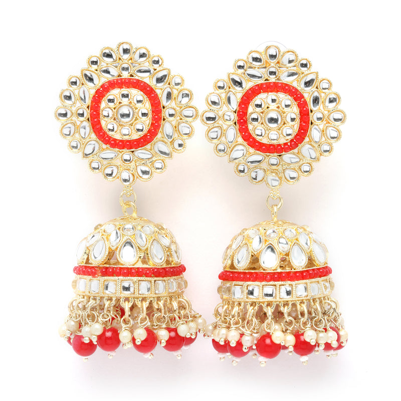 Gold-Plated Red & White Kundan-Pearls studded Vilandi Jhumka Earrings