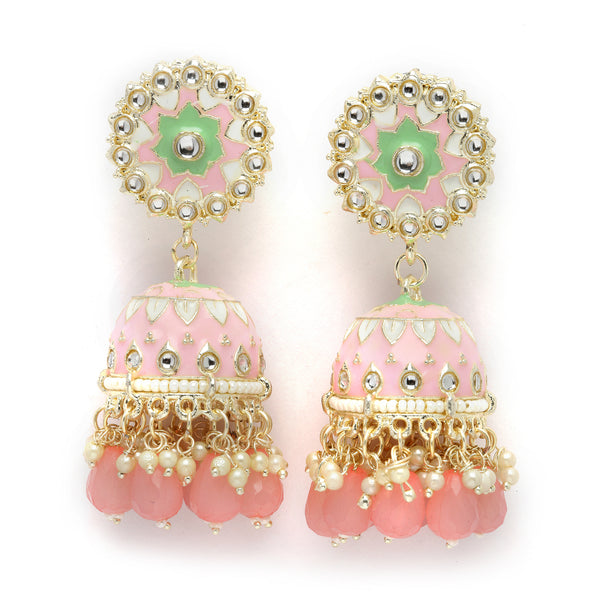 Gold-Plated Pink Kundan & White Pearls studded Dome Shaped Handcrafted Jhumka Earrings
