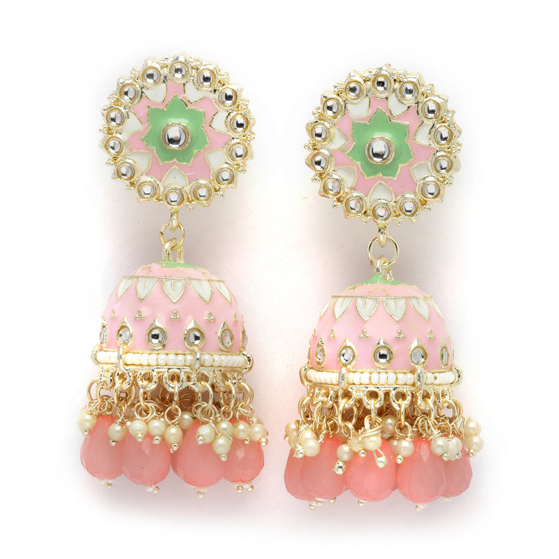 Gold-Plated Pink Kundan & White Pearls studded Dome Shaped Handcrafted Jhumka Earrings
