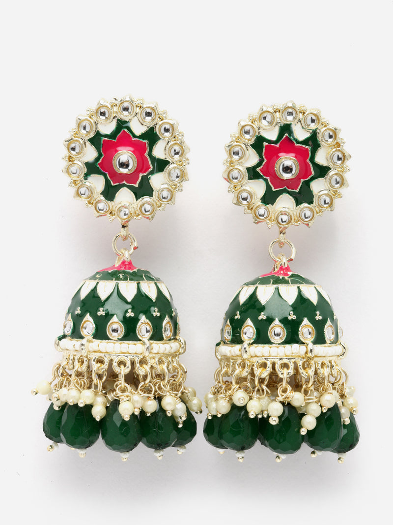 Gold-Plated Green Kundan & White Pearls studded Dome Shaped Handcrafted Jhumka Earrings