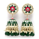 Gold-Plated Green Kundan & White Pearls studded Dome Shaped Handcrafted Jhumka Earrings