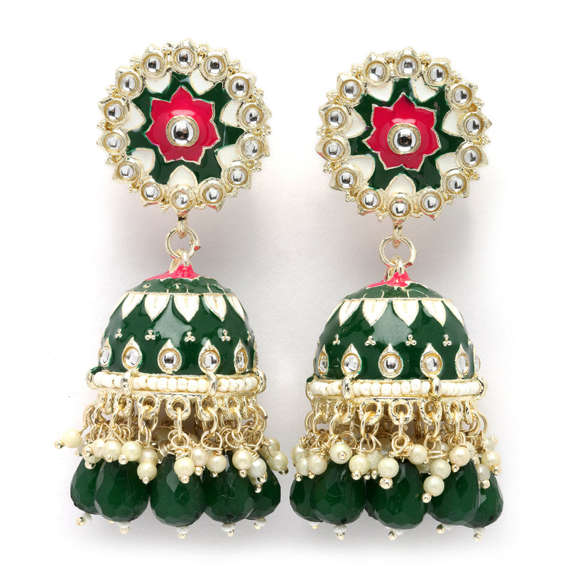 Gold-Plated Green Kundan & White Pearls studded Dome Shaped Handcrafted Jhumka Earrings