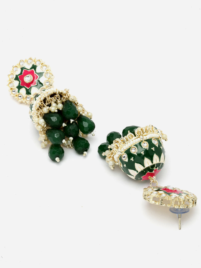 Gold-Plated Green Kundan & White Pearls studded Dome Shaped Handcrafted Jhumka Earrings