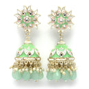 Gold-Plated Sea Green & White Kundan-Pearls studded Crescent Shaped Hand Painted Jhumka Earrings