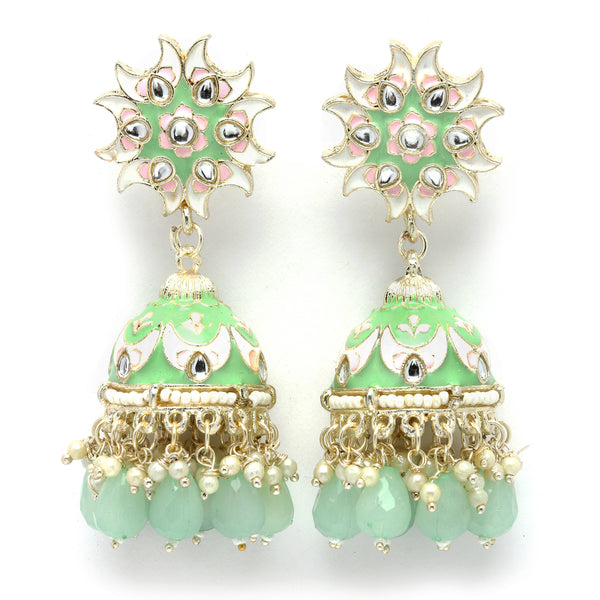 Gold-Plated Sea Green & White Kundan-Pearls studded Crescent Shaped Hand Painted Jhumka Earrings