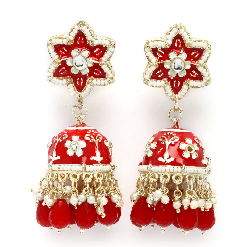 Gold-Plated Red & White Kundan-Pearls studded Star Shaped Enamelled Jhumka Earrings