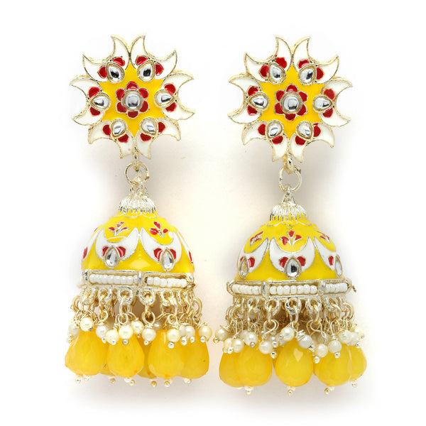Gold-Plated Yellow & White Kundan-Pearls studded Crescent Shaped Hand Painted Jhumka Earrings