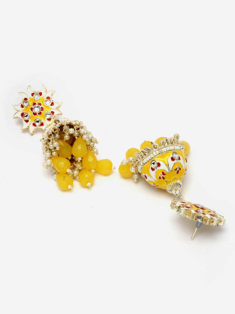 Gold-Plated Yellow & White Kundan-Pearls studded Crescent Shaped Hand Painted Jhumka Earrings