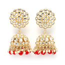 Gold-Plated Red Kundan & White Pearls studded Flower Shaped Vilandi Jhumka Earrings