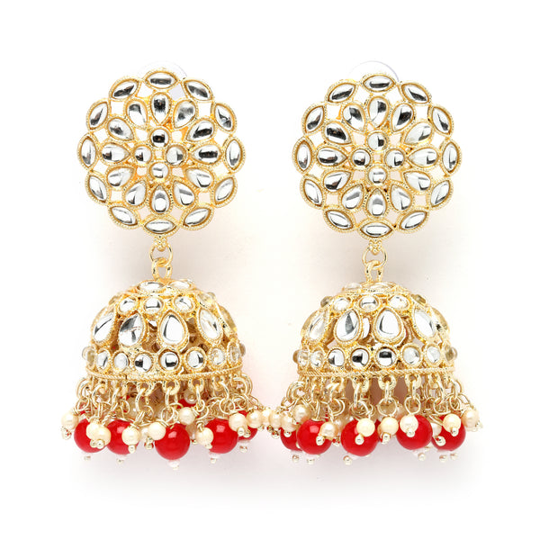 Gold-Plated Red Kundan & White Pearls studded Flower Shaped Vilandi Jhumka Earrings