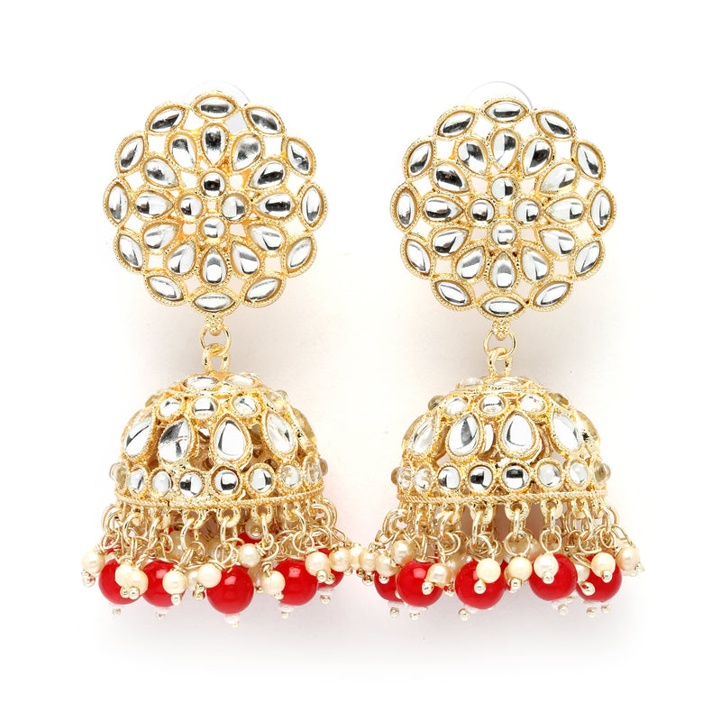Gold-Plated Red Kundan & White Pearls studded Flower Shaped Vilandi Jhumka Earrings