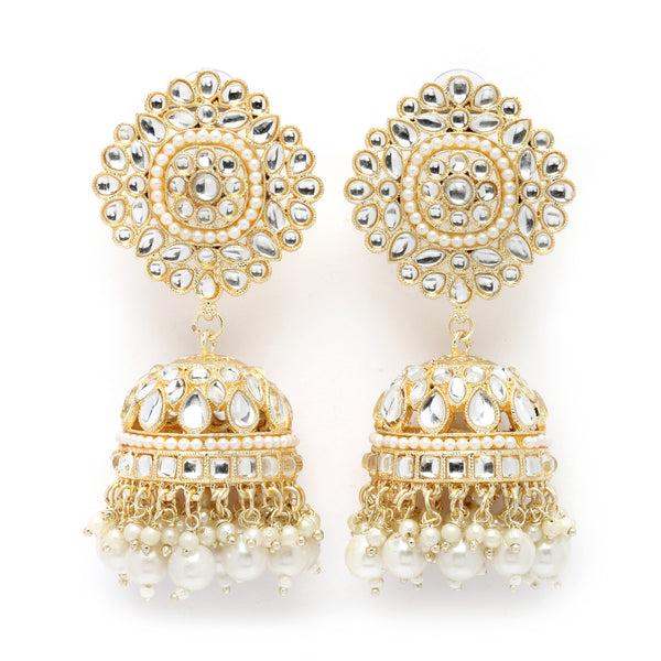 Gold-Plated White Kundan-Pearls studded Vilandi Jhumka Earrings