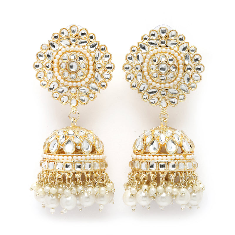 Gold-Plated White Kundan-Pearls studded Vilandi Jhumka Earrings