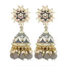 Gold-Plated Grey & White Kundan-Pearls studded Crescent Shaped Hand Painted Jhumka Earrings
