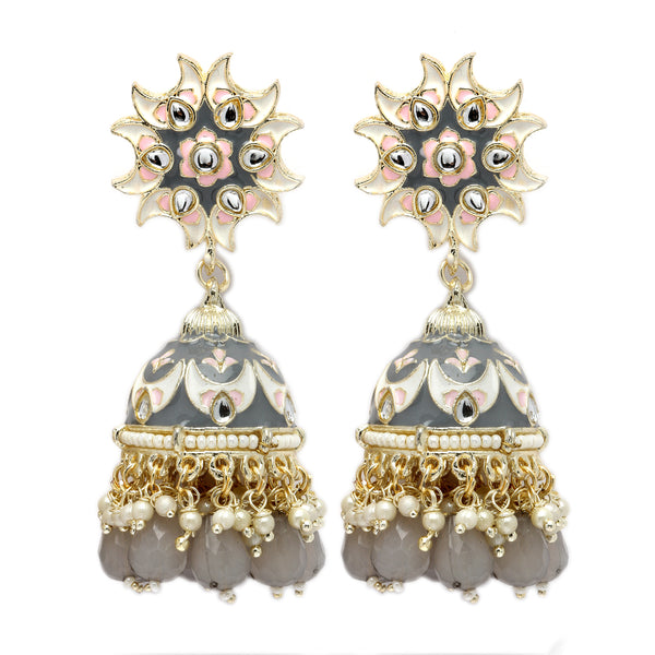 Gold-Plated Grey & White Kundan-Pearls studded Crescent Shaped Hand Painted Jhumka Earrings